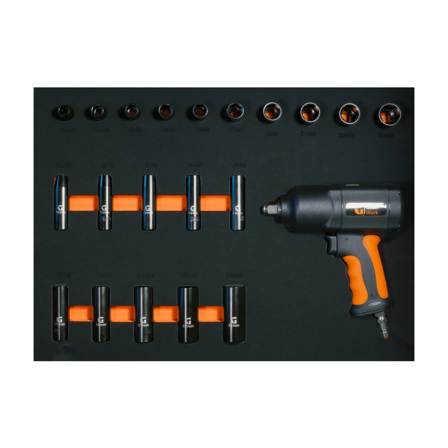 Insert for tool cart impact sockets 10-24 mm 20 pcs + 1/2" 1600 N.M impact wrench