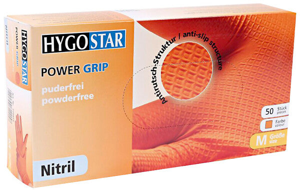 Kertakäyttökäsineet Power Grip nitriili – oranssit, vahvat kalankylkikuvioidulla otteella, 50 kpl