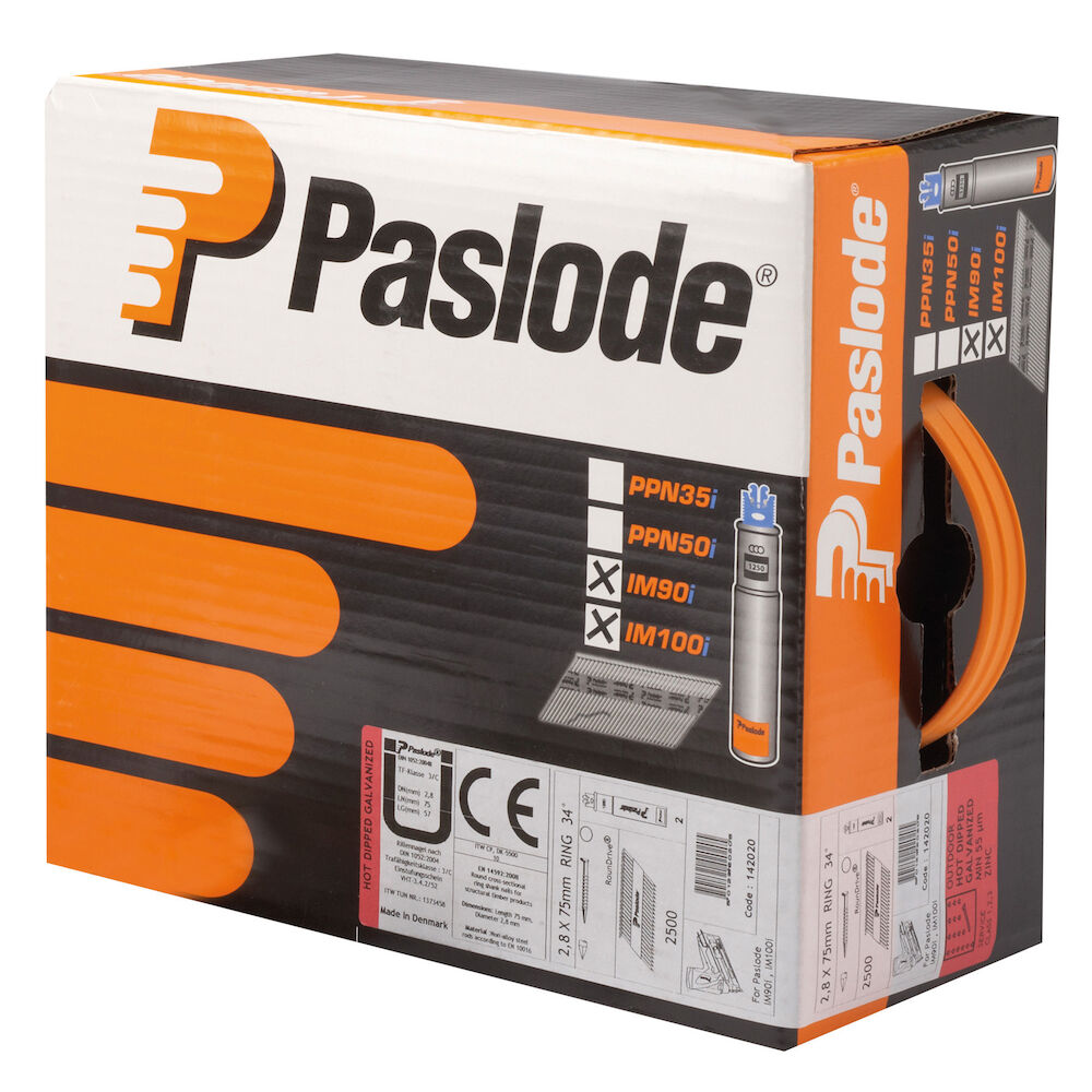 Maskinspik 2,8x75 mm 34° + gas – 2500 st + 2 patroner, varmförzinkad